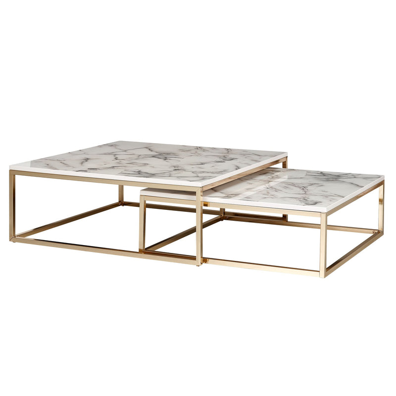 Couchtisch 2er Set Weiß Marmoroptik Eckig Metallgestell Gold Modern