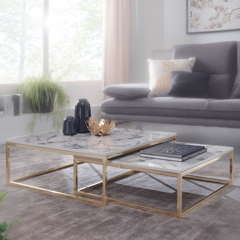 Couchtisch 2er Set Weiß Marmoroptik Eckig Metallgestell Gold Modern