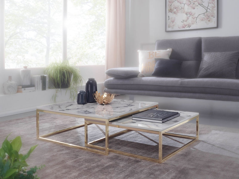 Couchtisch 2er Set Weiß Marmoroptik Eckig Metallgestell Gold Modern