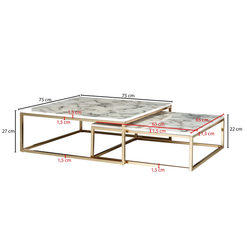 Couchtisch 2er Set Weiß Marmoroptik Eckig Metallgestell Gold Modern