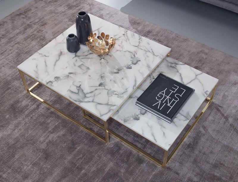 Couchtisch 2er Set Weiß Marmoroptik Eckig Metallgestell Gold Modern