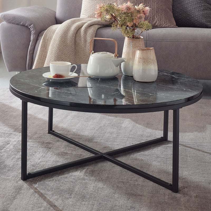 Couchtisch Rund Marmoroptik Schwarz Metallgestell 80x36x80cm Wohnzimmer