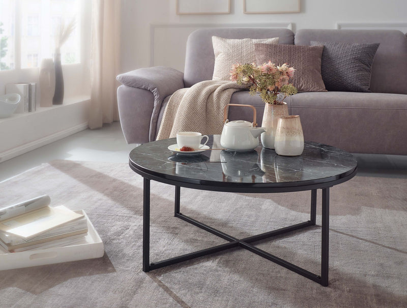 Couchtisch Rund Marmoroptik Schwarz Metallgestell 80x36x80cm Wohnzimmer