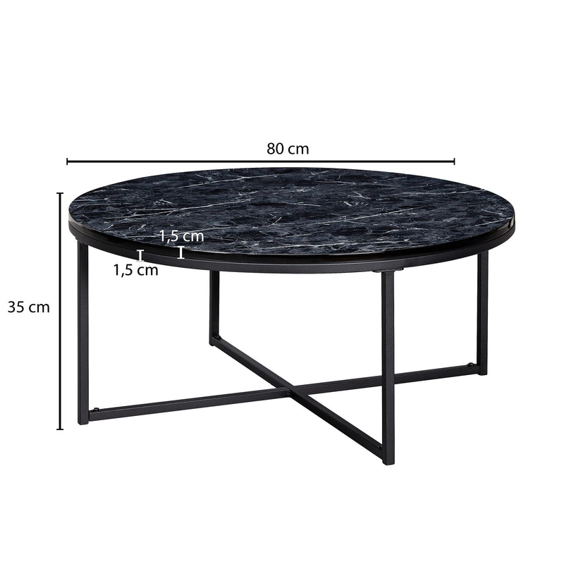 Couchtisch Rund Marmoroptik Schwarz Metallgestell 80x36x80cm Wohnzimmer