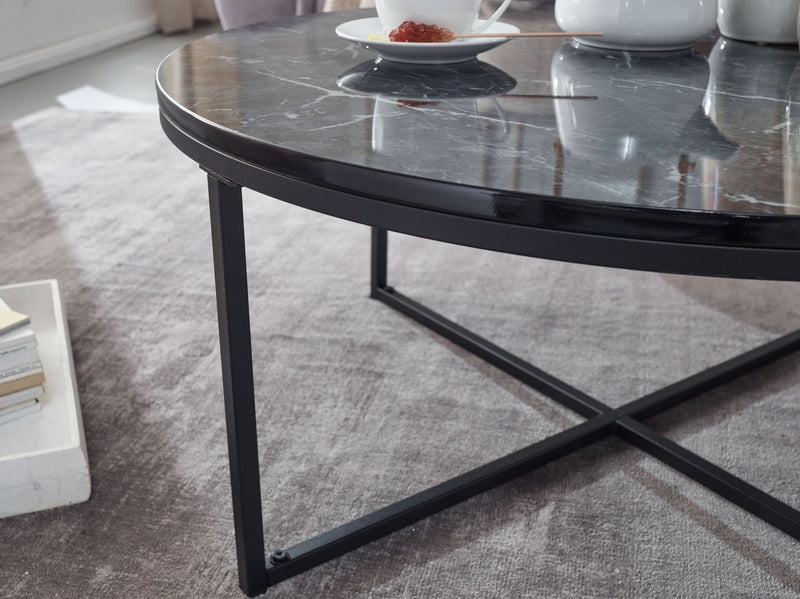 Couchtisch Rund Marmoroptik Schwarz Metallgestell 80x36x80cm Wohnzimmer