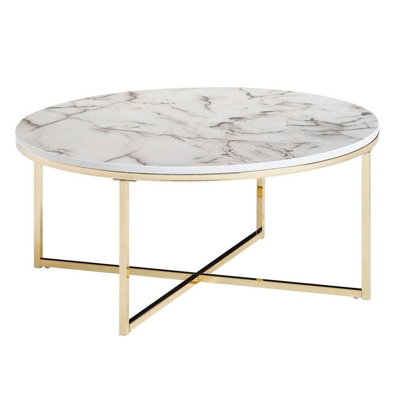 Couchtisch rund 80x36x80cm Marmoroptik Weiß Metallgestell Wohnzimmer