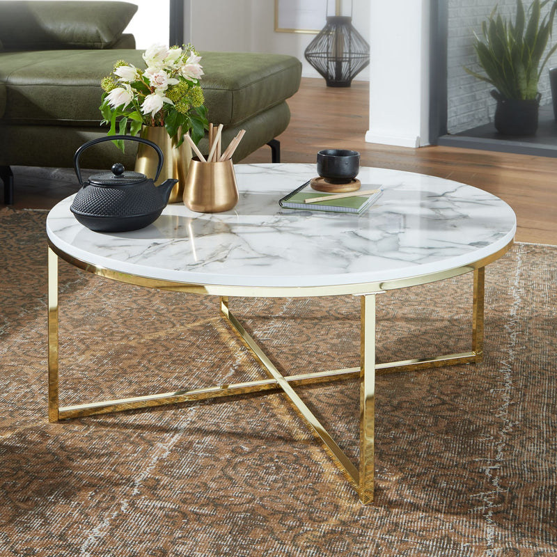 Couchtisch rund 80x36x80cm Marmoroptik Weiß Metallgestell Wohnzimmer