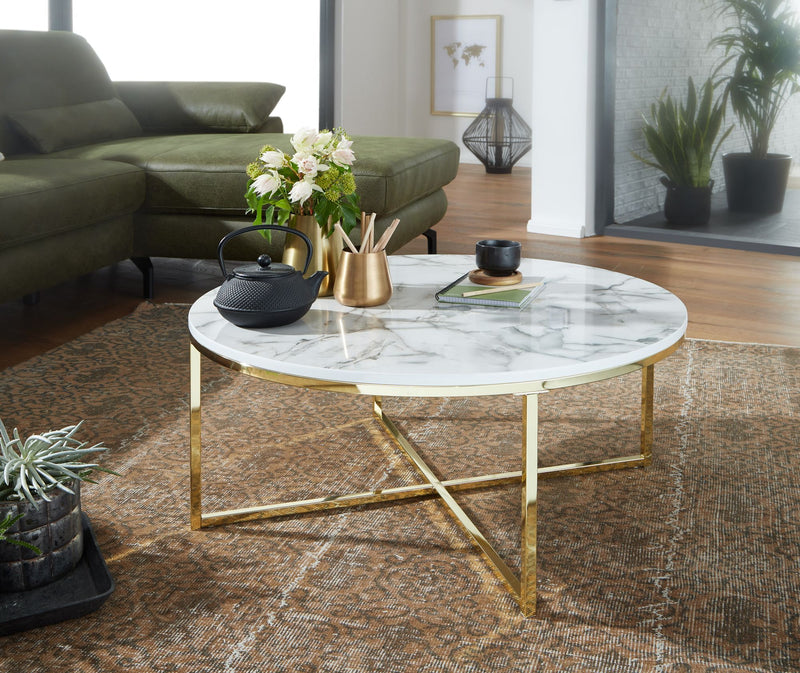 Couchtisch rund 80x36x80cm Marmoroptik Weiß Metallgestell Wohnzimmer