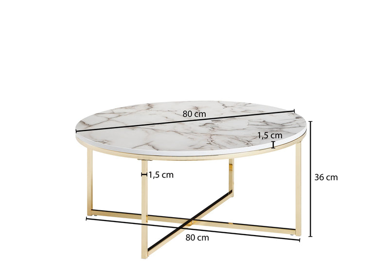 Couchtisch rund 80x36x80cm Marmoroptik Weiß Metallgestell Wohnzimmer