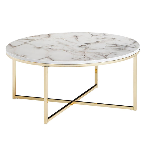 Runder Couchtisch mit weißer Marmoroptik-Tischplatte und goldenem Metallgestell mit schwarzem Querstreben in Gesamtansicht.