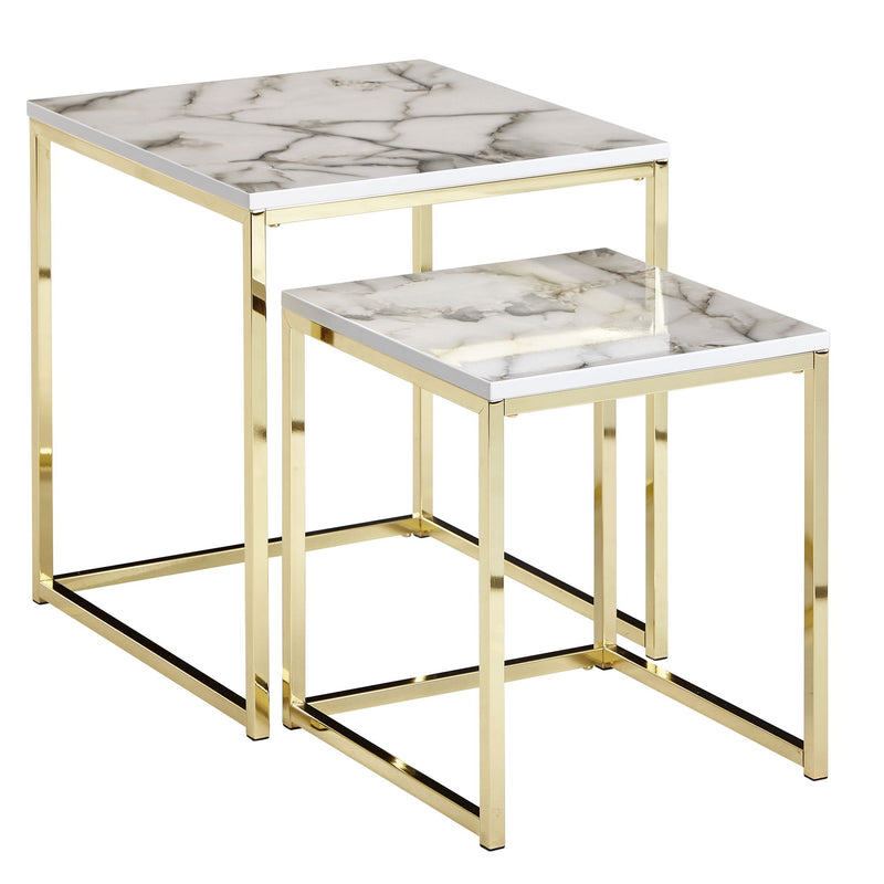 Beistelltisch 2er Set Marmoroptik Weiß Metall Gold Quadratisch Modern