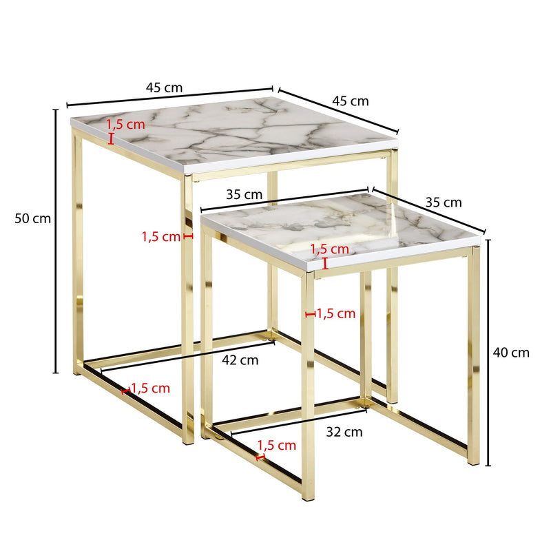 Beistelltisch 2er Set Marmoroptik Weiß Metall Gold Quadratisch Modern