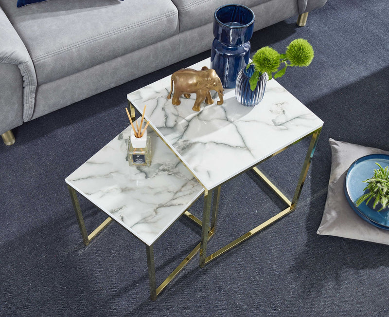 Beistelltisch 2er Set Marmoroptik Weiß Metall Gold Quadratisch Modern