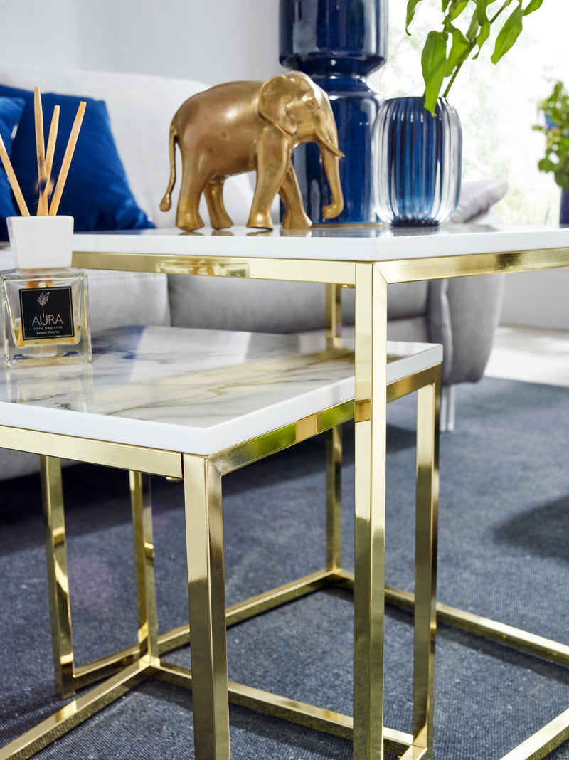 Beistelltisch 2er Set Marmoroptik Weiß Metall Gold Quadratisch Modern