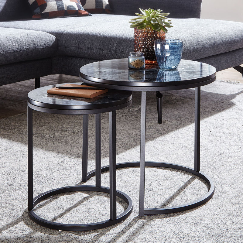 Beistelltisch 2er Set Rund Marmoroptik Schwarz Metallgestell Modern