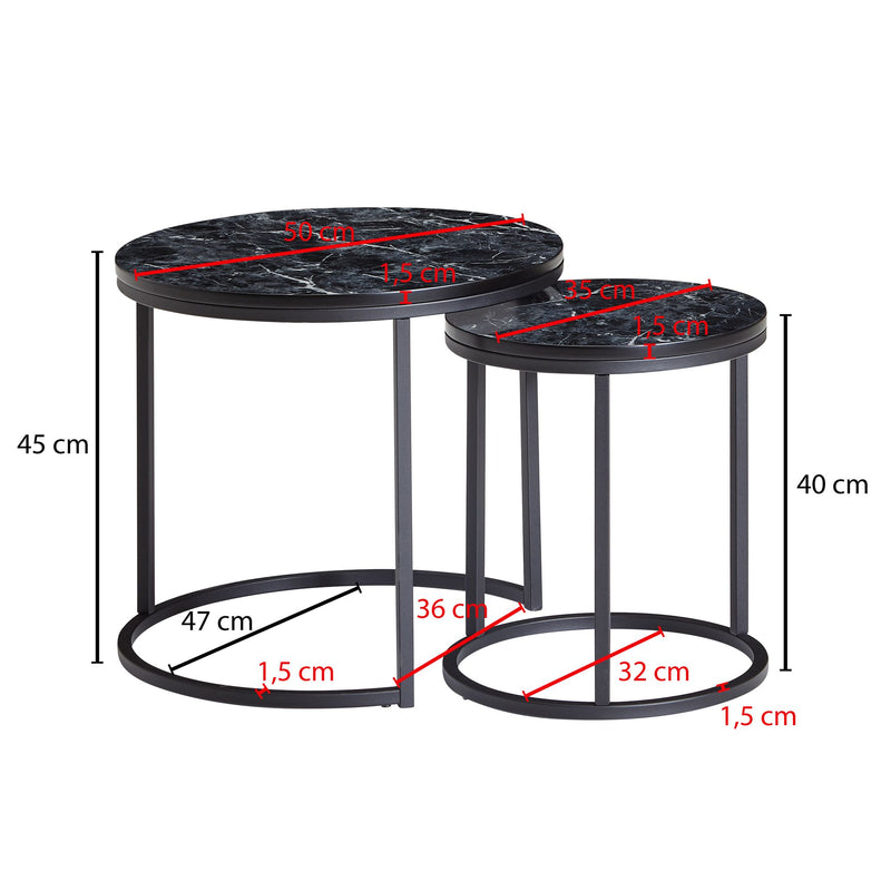 Beistelltisch 2er Set Rund Marmoroptik Schwarz Metallgestell Modern