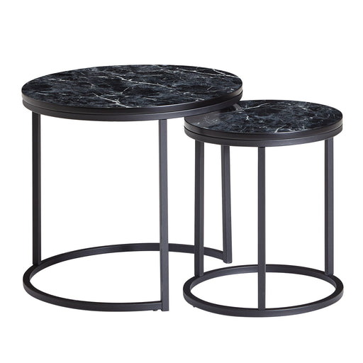 Beistelltisch 2er Set Rund Marmoroptik Schwarz mit schwarzen Metallgestellen in Gesamtansicht.