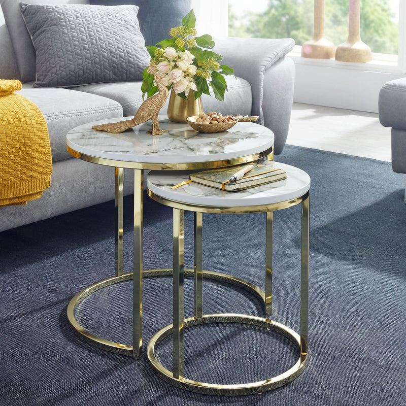 Beistelltisch 2er Set Marmoroptik Rund Metallgestell Gold Modern