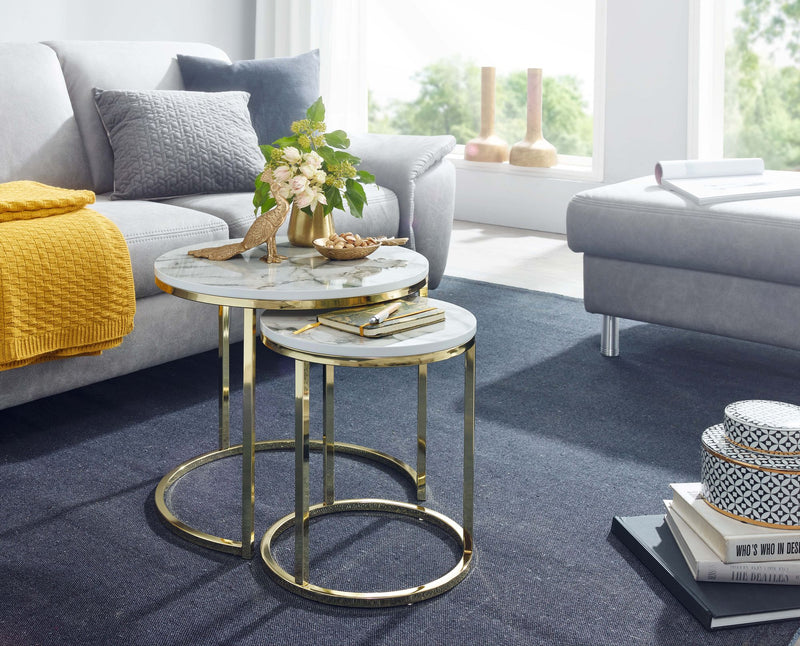 Beistelltisch 2er Set Marmoroptik Rund Metallgestell Gold Modern