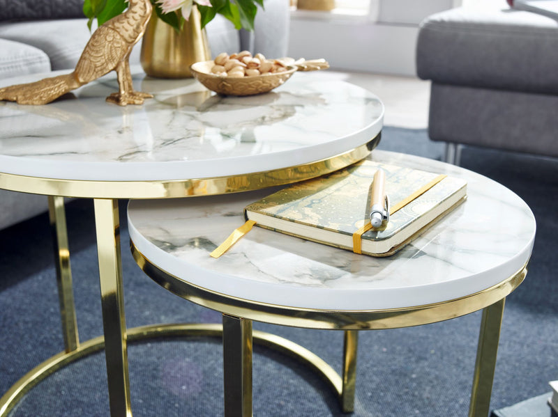 Beistelltisch 2er Set Marmoroptik Rund Metallgestell Gold Modern