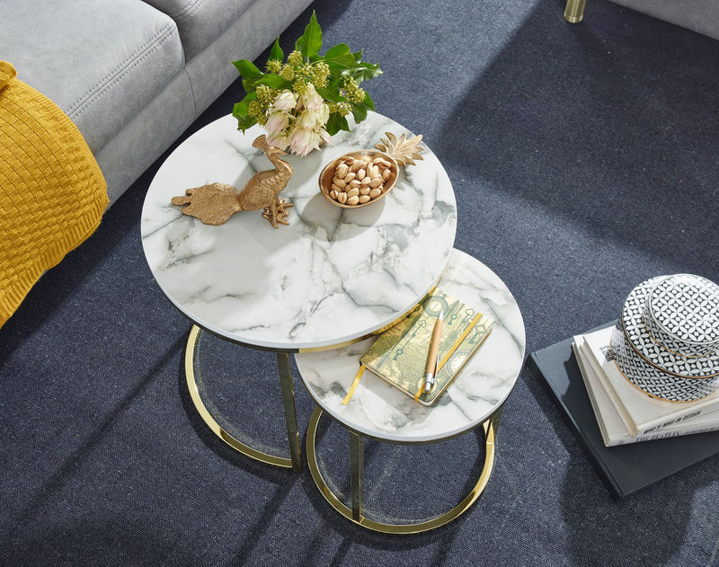 Beistelltisch 2er Set Marmoroptik Rund Metallgestell Gold Modern