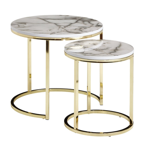 Beistelltisch 2er Set Marmoroptik Rund Metallgestell Gold Modern mit zwei runden Marmorplatten und goldenem Gestell.