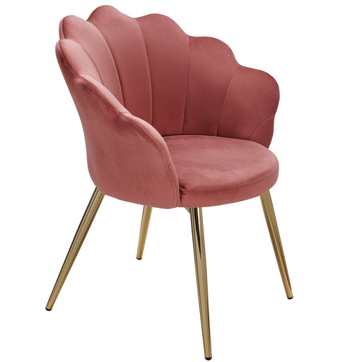 Esszimmerstuhl Tulpe Samt Rosa mit muschelförmiger Rückenlehne und goldfarbenen Metallbeinen in Gesamtansicht.