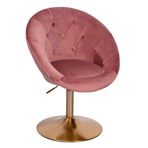 Loungesessel Samt Rosa Gold in Gesamtansicht mit gesteppter Rückenlehne und goldfarbener Metallbasis.