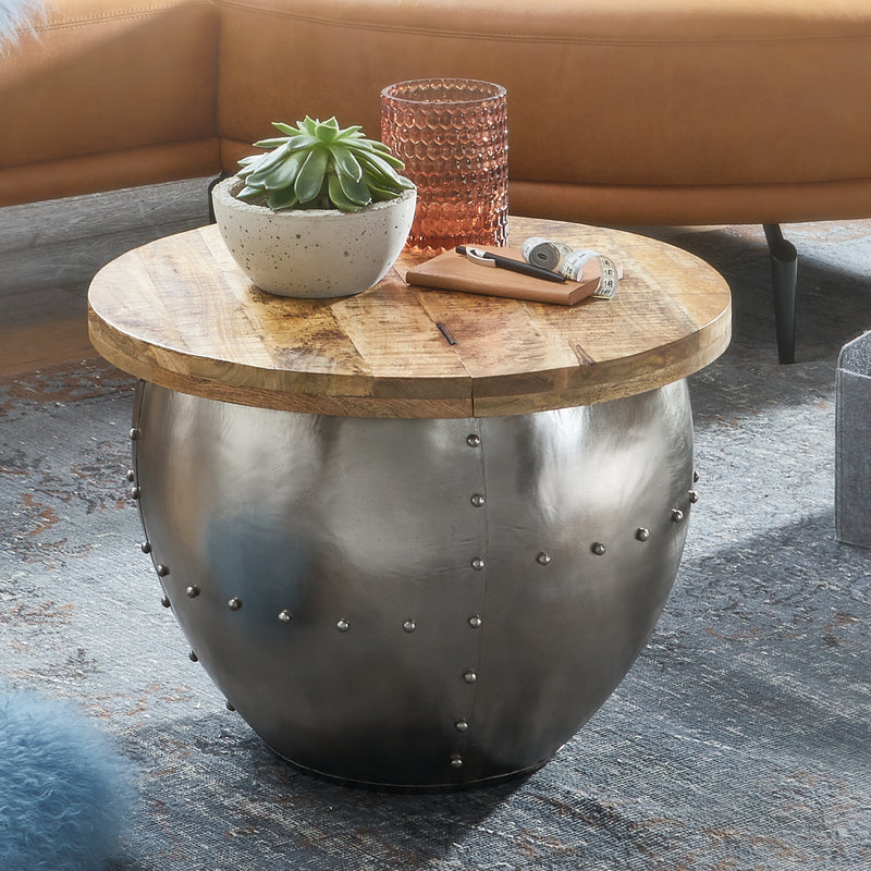 Couchtisch Mango Massivholz Metall Rund 60x43x60cm Industrial Silber