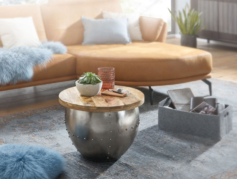 Couchtisch Mango Massivholz Metall Rund 60x43x60cm Industrial Silber
