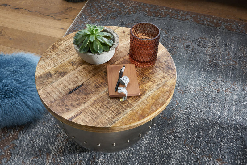Couchtisch Mango Massivholz Metall Rund 60x43x60cm Industrial Silber