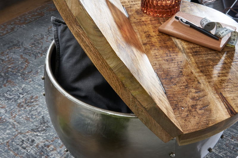 Couchtisch Mango Massivholz Metall Rund 60x43x60cm Industrial Silber