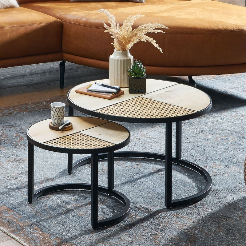 Wohnzimmertisch 2er Set Mango Rattan Rund Couchtisch Metallbeine