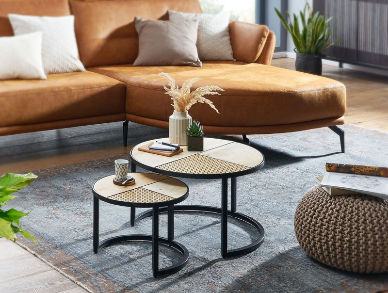Wohnzimmertisch 2er Set Mango Rattan Rund Couchtisch Metallbeine