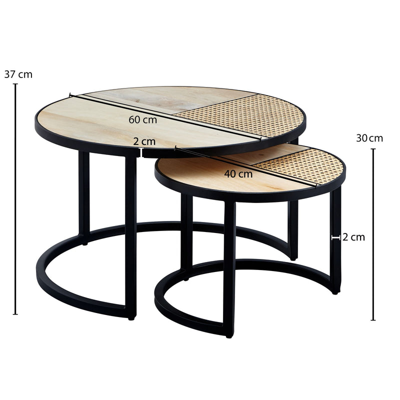 Wohnzimmertisch 2er Set Mango Rattan Rund Couchtisch Metallbeine