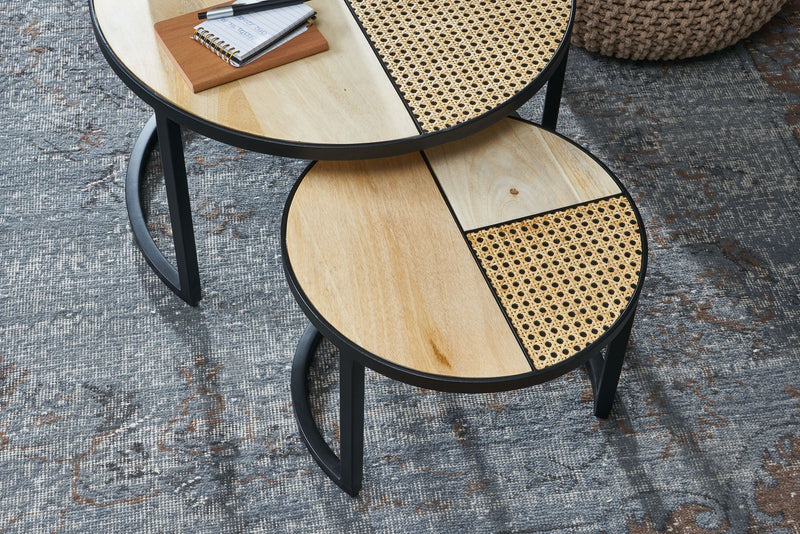 Wohnzimmertisch 2er Set Mango Rattan Rund Couchtisch Metallbeine