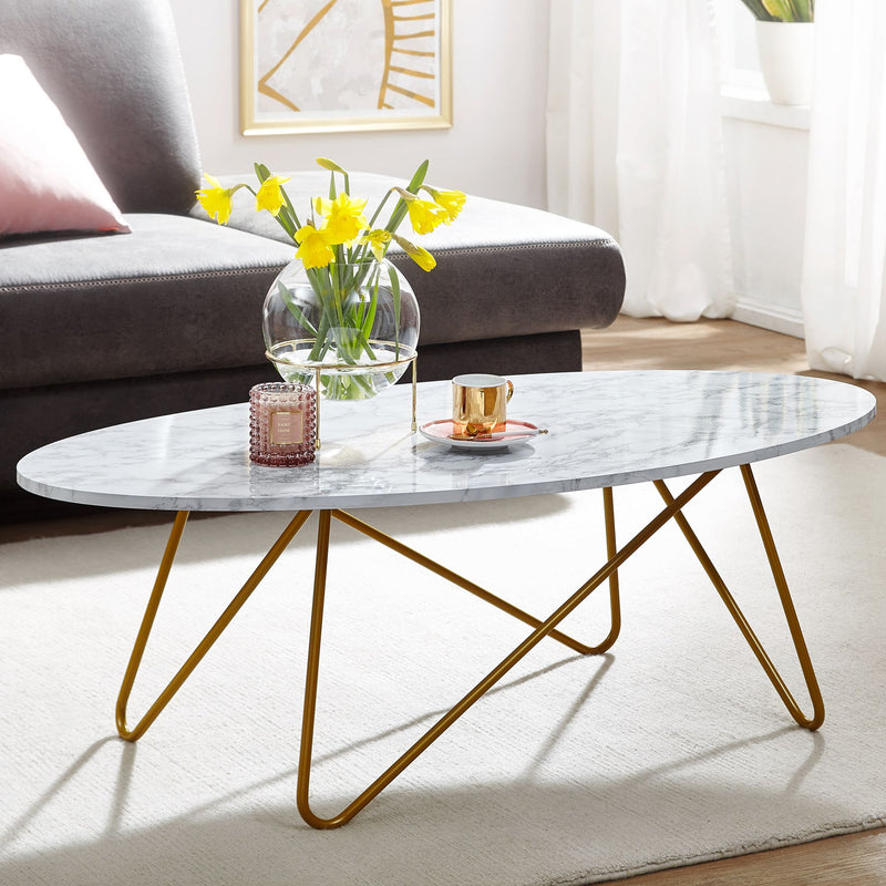 Couchtisch Oval 120x40x60cm Marmoroptik Weiß Metallgestell Wohnzimmer