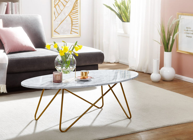 Couchtisch Oval 120x40x60cm Marmoroptik Weiß Metallgestell Wohnzimmer