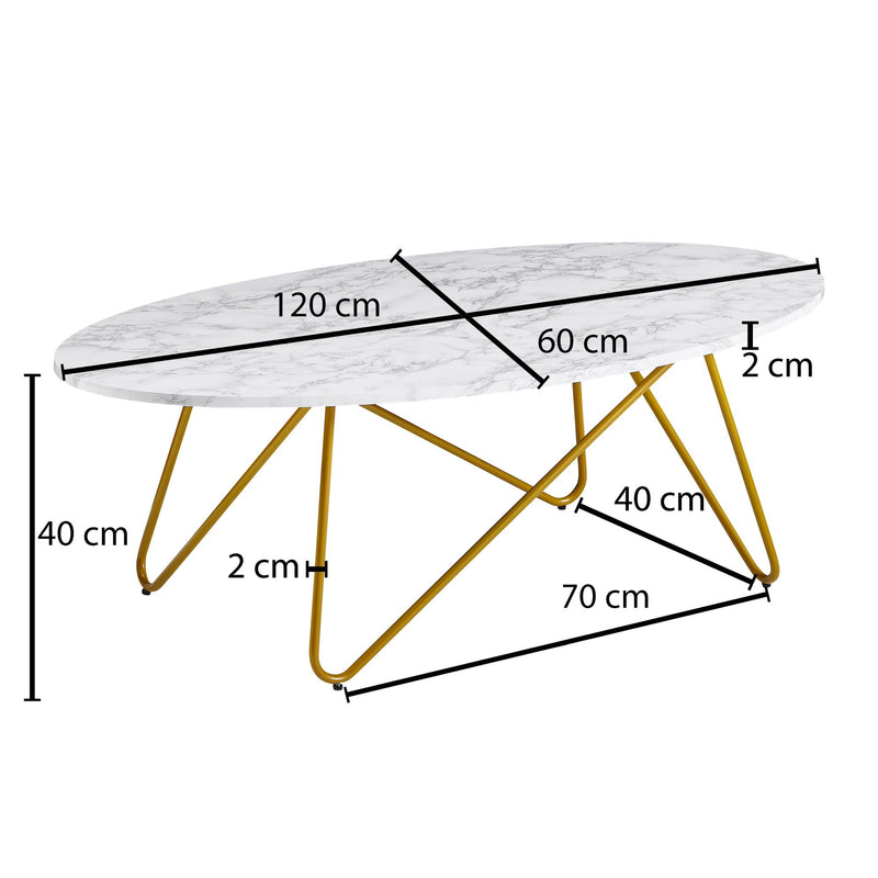 Couchtisch Oval 120x40x60cm Marmoroptik Weiß Metallgestell Wohnzimmer