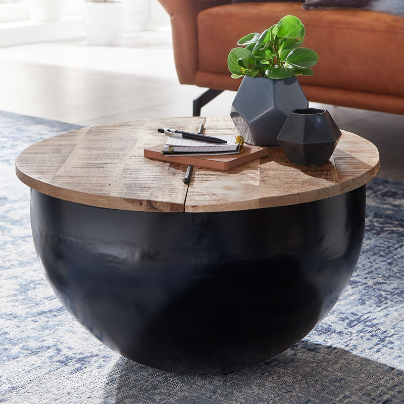 Couchtisch Mango Massivholz Metall Rund Industrial Stauraum Schwarz