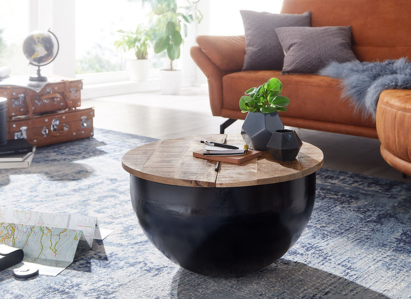 Couchtisch Mango Massivholz Metall Rund Industrial Stauraum Schwarz