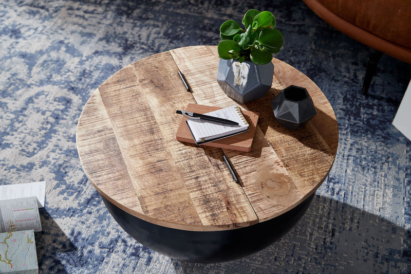 Couchtisch Mango Massivholz Metall Rund Industrial Stauraum Schwarz
