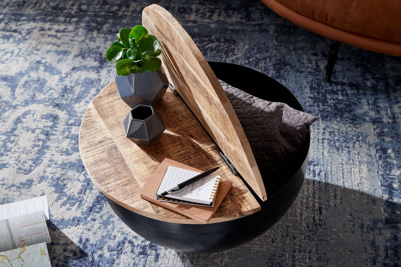 Couchtisch Mango Massivholz Metall Rund Industrial Stauraum Schwarz