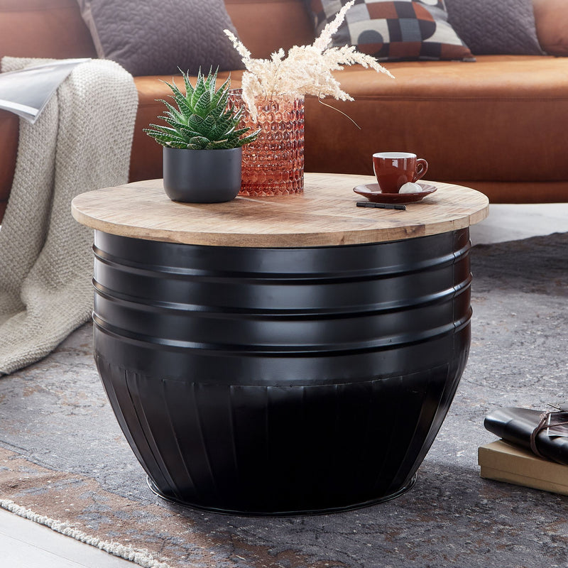 Couchtisch Mango Holz Metall Rund 60x41x60cm Industrial Schwarz