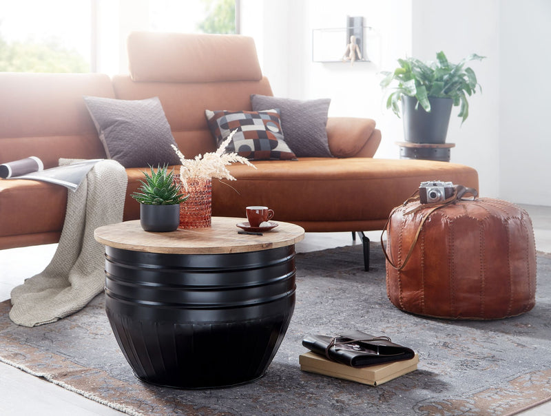 Couchtisch Mango Holz Metall Rund 60x41x60cm Industrial Schwarz