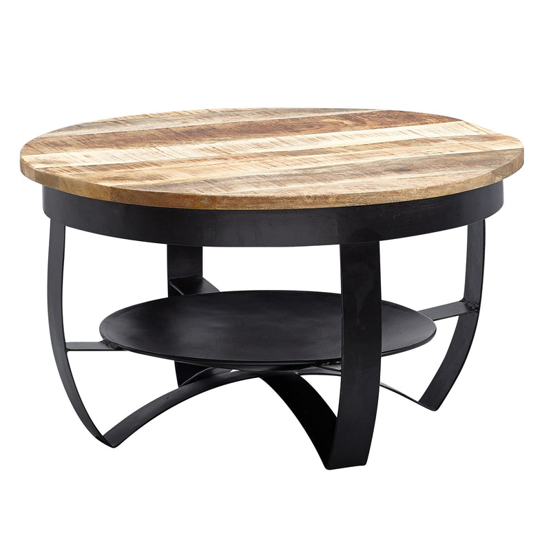 Couchtisch Mango Massivholz Metall Rund Industrial Schwarz 60x34x60cm