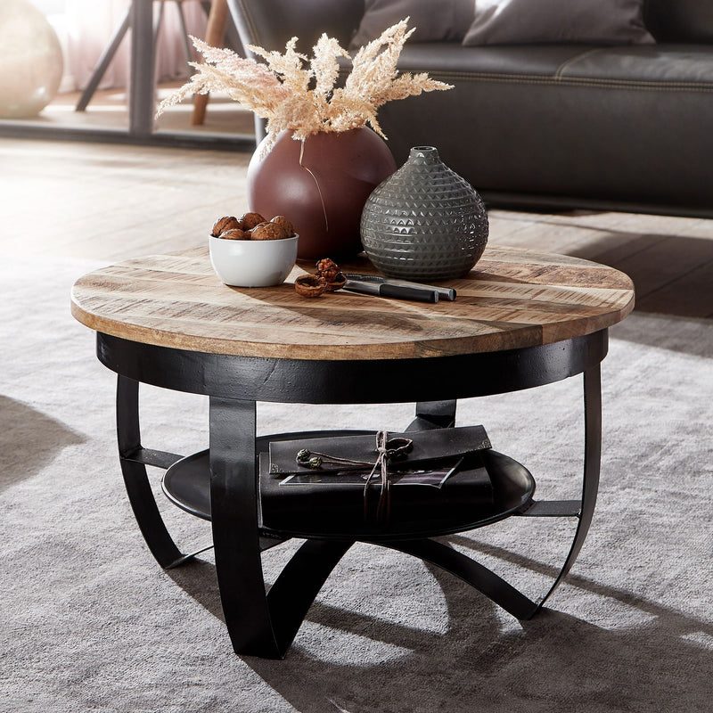 Couchtisch Mango Massivholz Metall Rund Industrial Schwarz 60x34x60cm
