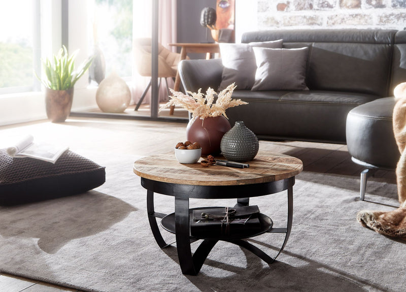 Couchtisch Mango Massivholz Metall Rund Industrial Schwarz 60x34x60cm