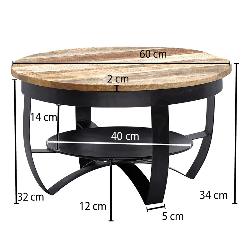 Couchtisch Mango Massivholz Metall Rund Industrial Schwarz 60x34x60cm