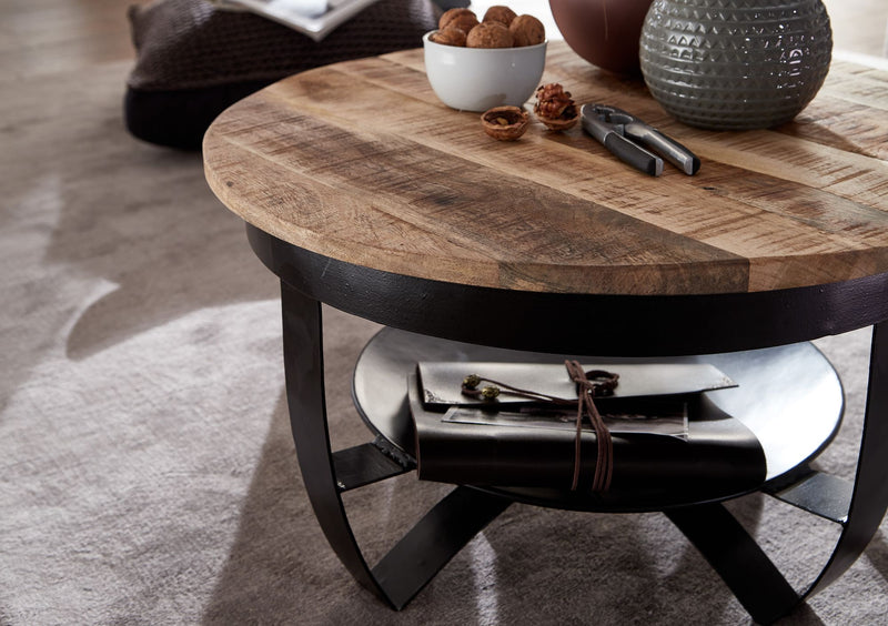 Couchtisch Mango Massivholz Metall Rund Industrial Schwarz 60x34x60cm